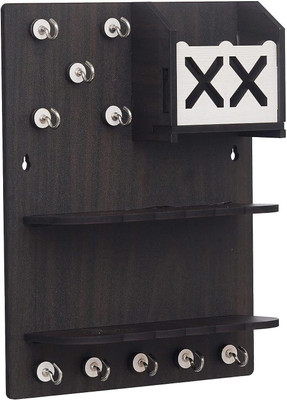 DecorHouse Premium Key Chain Hanging Board/Wall Hanging with Mobile Charging Stand Wood Key Holder(10 Hooks, Black, White)