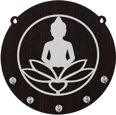 KAAC HANDICRAFTS Premium Sitting Gautam Buddha Wooden with Free 2 Keychains Wood Key Holder(5 Hooks, Brown)