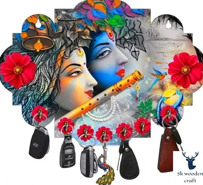 SK PARO Radha Krishna Wood Key Holder 7 Hooks Wood Key Holder  (7 Hooks, Multicolor) For Rs. 89 @ 85 %