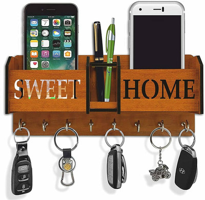 CW Crafts World Beautiful Wooden Key Holder With Storage Box For Home Decor | Wood Key Holder(8 Hooks, Brown)