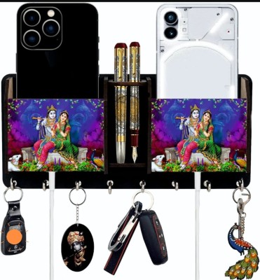 Pinkcity ArtVilla Radha Krishna Key Holder for with Shelf, Mobile Phone Stand & Pen Holder Wood Key Holder(8 Hooks, Multicolor)