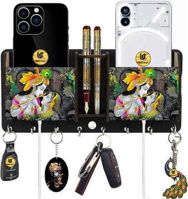 Kenware Radhe krishna Wall Mounted Designer Key Holder & Mobile Storage Box Wood Key Holder(8 Hooks)