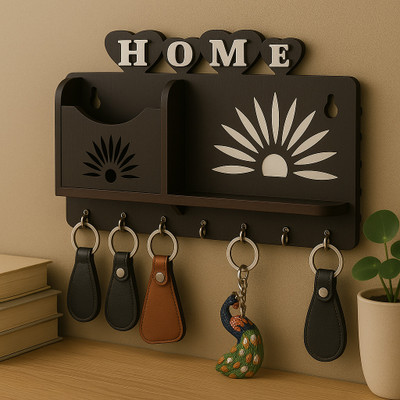 Mayk Wooden Key Organizer with Hooks and Letter Storage Compartment Wood Key Holder(7 Hooks, Brown)