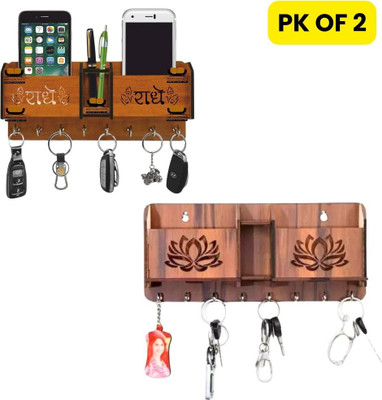 Echowood 2 Pack of Wooden Wall-Mounted Key Holder for Home, Office Wood Key Holder(8 Hooks, Brown)