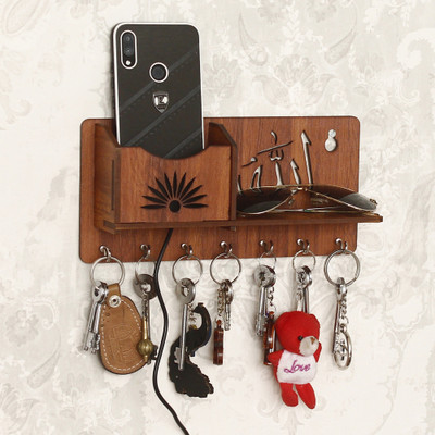 SHREE RAM IMPEX Multipurpose Designer Wooden Wall Mount Key Organiser Wood Key Holder(7 Hooks, Brown)