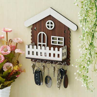 WEBELKART Premium Hut Shape Wooden House Keys Hanger with Mobile Stand for Home/Office Wood Key Holder(7 Hooks, Brown, White)