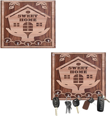 Heart Home Pack of 2 MDF 5-Hooks Key Stand for Wall | Sweet Home -Dark & Light Brown Wood Key Holder(5 Hooks, Brown)