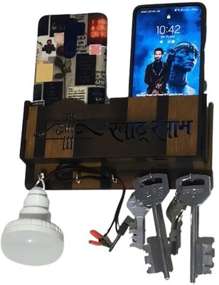 RAREION ENGINEERING Wooden Key Holder 5 key Holder with 2 Mobile Space and USB Data Cable Space Wood Key Holder(5 Hooks, Brown)