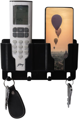 DSNS Wall Mount Mobile Holder | Plastic Storage Case for Remotes Stand Pack OF 1 Plastic Key Holder(4 Hooks, Black)