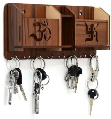 DALUCI Om Swastik Key holder with 2 Pocket Mobile stand and Pen holder Wood Key Holder(8 Hooks, Multicolor)