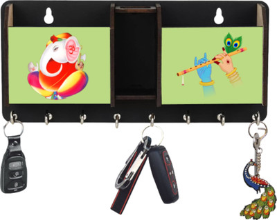 KK CRAFT Wooden Key Holder With Two Box Storage Wood Key Holder(7 Hooks, Black)