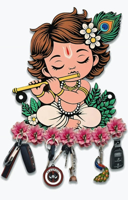TheAkCrafts LittleKrishna-7Hook Wood Key Holder(7 Hooks, Multicolor)