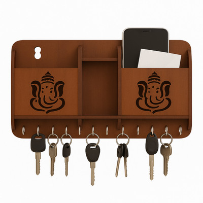 DivineCrafted Wall Mounted Shree Radhe Wooden Key Holder | Compact Entryway Organizer Wood Key Holder(8 Hooks, Brown)
