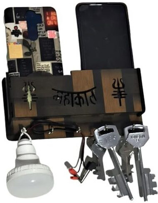 RAREION ENGINEERING Wooden Key Holder 5 key Holder with 2 Mobile Space and USB Data Cable Space Wood Key Holder(5 Hooks, Brown)