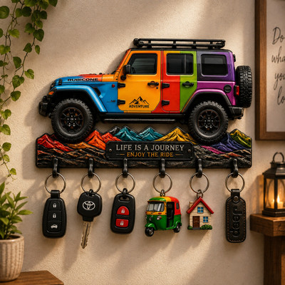 Shivmaan Art Adventure Jeep Key Holder – Stylish Wall-Mounted Key Organizer For Car Lovers Wood Key Holder(6 Hooks, Multicolor)