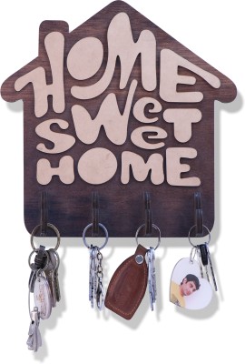 Ever Mall Wooden Home Sweet Home Key Holder for Wall Hanging Wooden Key Stand Wood Key Holder(4 Hooks, Brown)