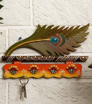 JaipurCrafts Beautiful MorPankhi Papermache Wood Key Holder(5 Hooks, Multicolor)