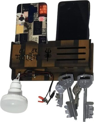 RAREION ENGINEERING Wooden Key Holder 5 key Holder with 2 Mobile Space and USB Data Cable Space Wood Key Holder(5 Hooks, Brown)