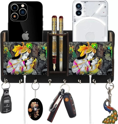 devanshi crafts Radha Krishna wood keyholder for home and office d Wood Key Holder(8 Hooks, Multicolor)