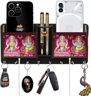 Heritagecrafts Laxmi Ganesh 2 Pocket Mobile and Pen holder Wood Key Holder(8 Hooks)