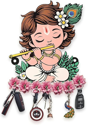 CAPIO ART Designer Premium HD UV Printed Krishna Shape designer Home And Office Decor Wood Key Holder(7 Hooks, Multicolor)