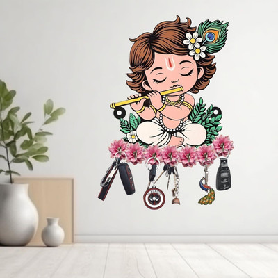 SNDArt Baby Krishna Wall Hanging Key Holder | Baby Krishna Flute Design Wood Key Holder(7 Hooks, Multicolor)