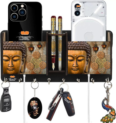 Heritagecrafts Designer Buddha Wooden 2 Pocket Mobile and Pen holder 8 Hooks Wood Key Holder(8 Hooks, Brown)