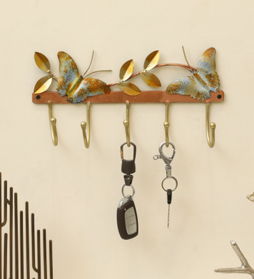Vedas Two Butterfly Metal Wall Hooks for Keys Decorative Ker Holder Iron Key Holder(5 Hooks, Multicolor)