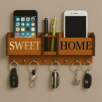 Grah Sajja Sweet Home Wooden Wall Wooden Wall Keys Shelf Wood Key Holder(8 Hooks, Brown)