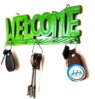 unity decor Wooden Welcome Key Holder for Wall Hanging - Wooden Keys Stand for Entryway, Wood Key Holder(5 Hooks, Green)