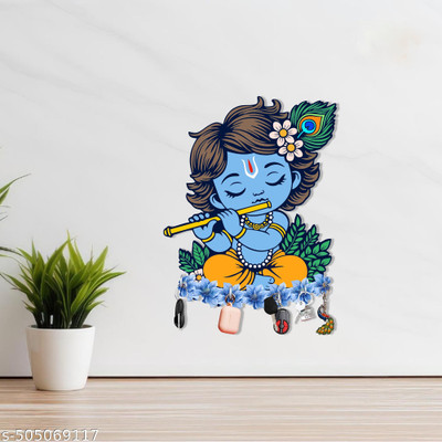 LCUPR Premium Little Krishna Wooden Wall Key Holder Wood Key Holder(7 Hooks, Blue)
