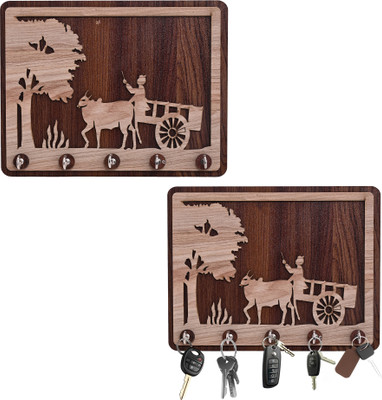 KUBER INDUSTRIES Pack of 2 MDF 5-Hooks Key Stand for Wall | Bullock Cart - Dark & Light Brown Wood Key Holder(5 Hooks, Brown)