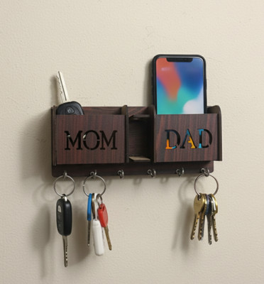 prem craft MOMDAD Wood Key Holder(6 Hooks, Brown)