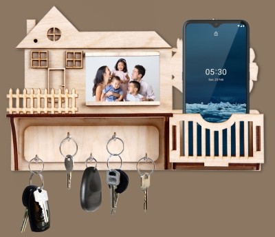 LAKHAJI House Shape Wooden Key with Mobile Stand for Living Room, Bed Room, Office Wood Key Holder(7 Hooks, Beige)