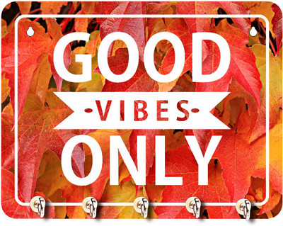 Phirki Studio Stylish Good Vibes Only Wooden Key Hanger Wall Decor, Wood Key Holder(5 Hooks, Orange)