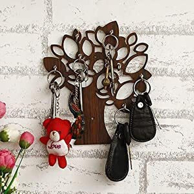 DecorHouse Tree shape wood cuting home decorative item and wall decor Wood Key Holder(8 Hooks, Brown)