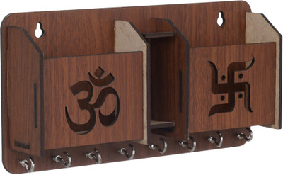 JOYERIA FASHIONS Handmade Home Décor Wooden Key Holder (8 Hooks) (Design Wriffy Om Swastik) Wood Key Holder(8 Hooks, Brown)