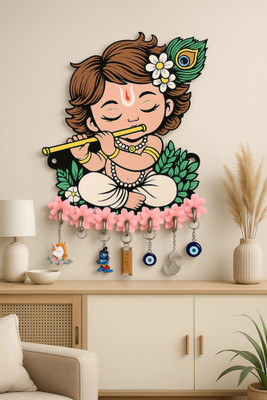 HALRE Krishna Wall Hanging Key Holder | Baby Krishna Flute Design Wood Key Holder(7 Hooks, Multicolor)