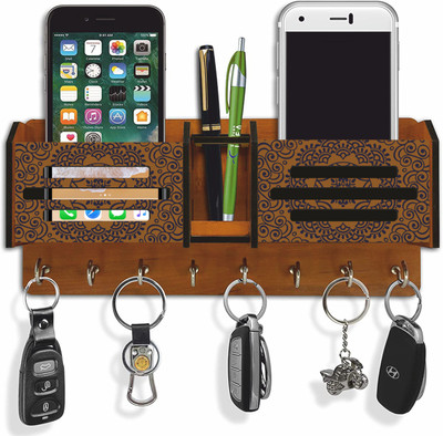 CW Crafts World Printed Wooden 2 Pocket 3 lines Mobile and Pen holder 8 Hooks Wood Key Holder(8 Hooks, Brown)