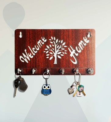 Expleasia Decorative WELCOME HOME Wall Keyholder | Key Hanging Hooks for Home| Keyholder Wood Key Holder(6 Hooks, Brown)