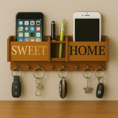 Mayk Sweet Home Wooden Key Hanging Shelf for Hallway Wood Key Holder(8 Hooks, Brown)