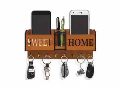 prem craft SWEET HOME Wood Key Holder(6 Hooks, Brown)