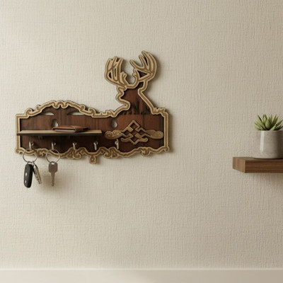 FWS Wooden Deer Head Key Holder for Wall Decor with Shelf Wood Key Holder(5 Hooks, Brown, Beige)