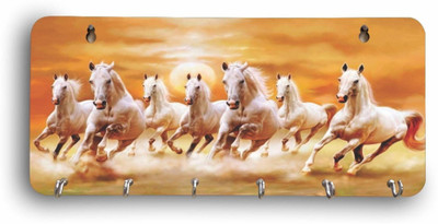iy creations Wooden Rectangular 7 Horse Key Holders For Decor Wood Key Holder(6 Hooks, Orange)
