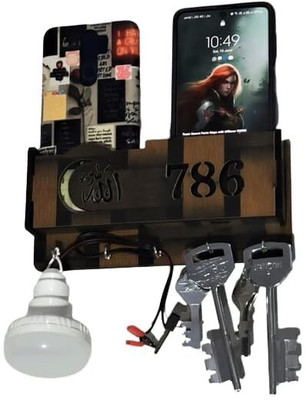 RAREION ENGINEERING Wooden Key Holder 5 key Holder with 2 Mobile Space and USB Data Cable Space Wood Key Holder(5 Hooks, Brown)