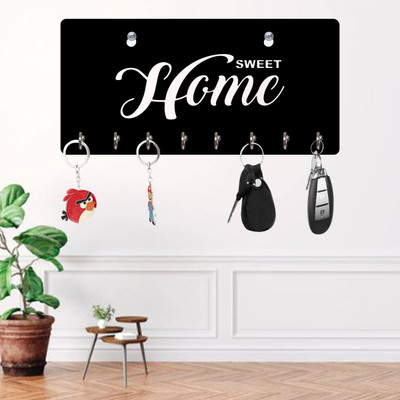 Yamizen Home Shape Design With Bird Art Key Holder Wood Key Holder(8 Hooks, Black)