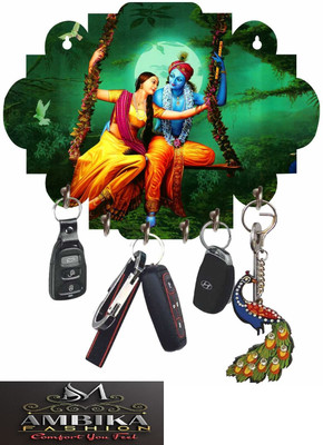 ambika fashion Radhakrishna Key Chain Holders For Wall | Key Hanger Wood Key Holder(6 Hooks, Green)