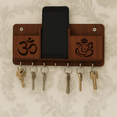 DivineCrafted Wall Mounted Om Ganesha Harmony Wooden Key Holder | Compact Entryway Organizer Wood Key Holder(8 Hooks, Brown)