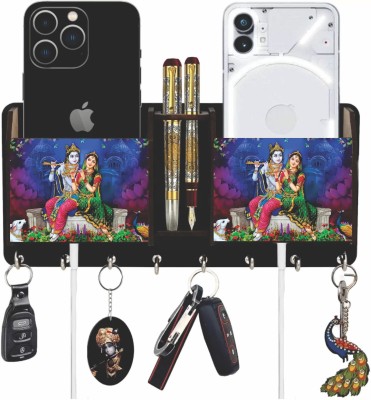 Tondwal radha krishna Wooden 2 Pocket Mobile and Pen holder (6 Hooks, black ) Wood Key Holder(6 Hooks, Black)