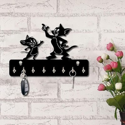 JV Enterprises Store Tom & Jerry Design 8 Hooks Entryway Office Wall Mount Decorative Keys Organizer Wood Key Holder(7 Hooks, Black)